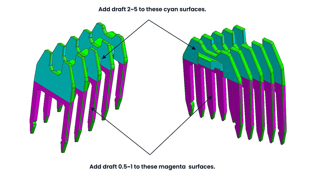 A manufacturability report showing draft angles on a plastic part