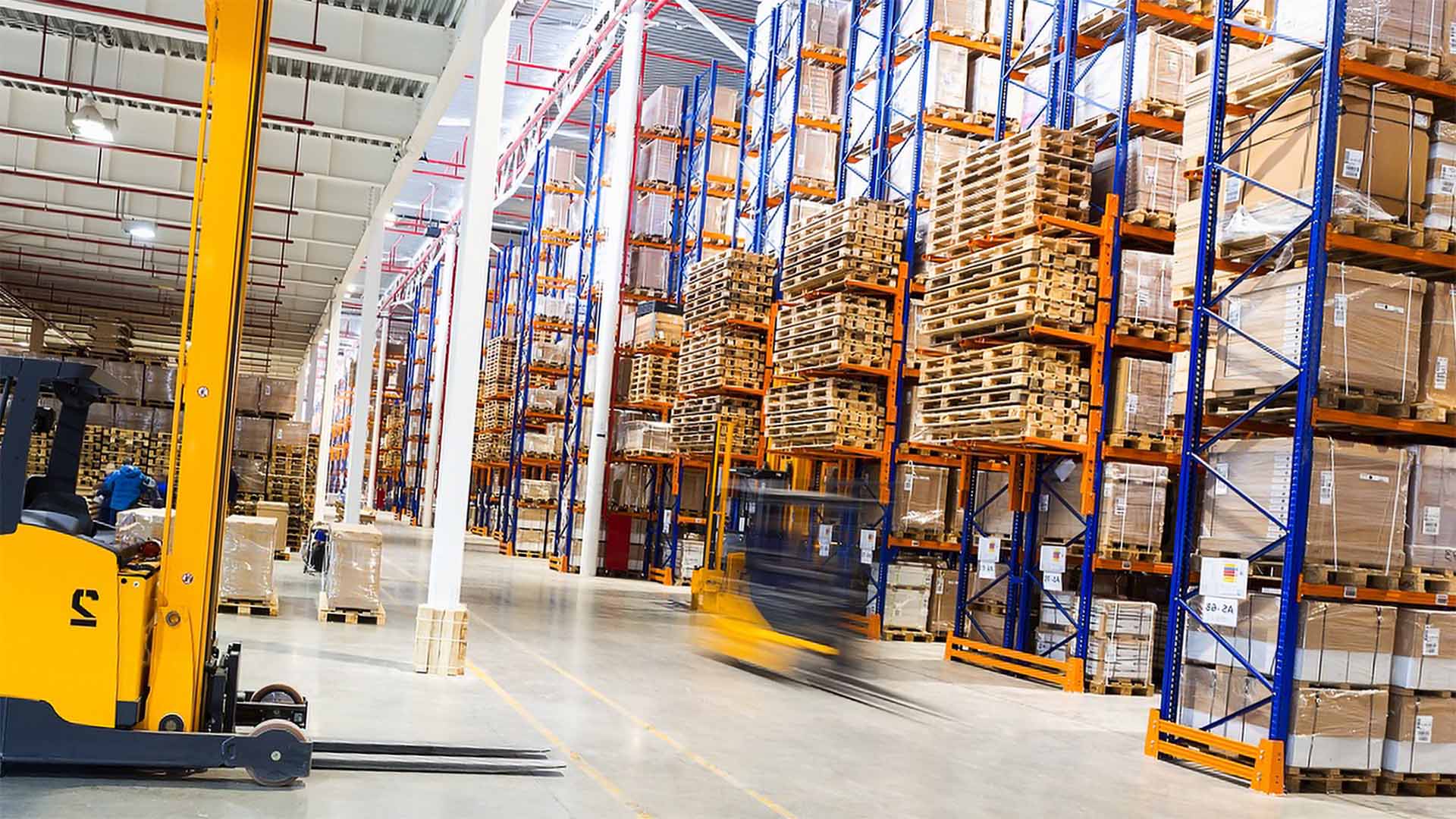 A large public warehouse with tall racks and forklifts moving.