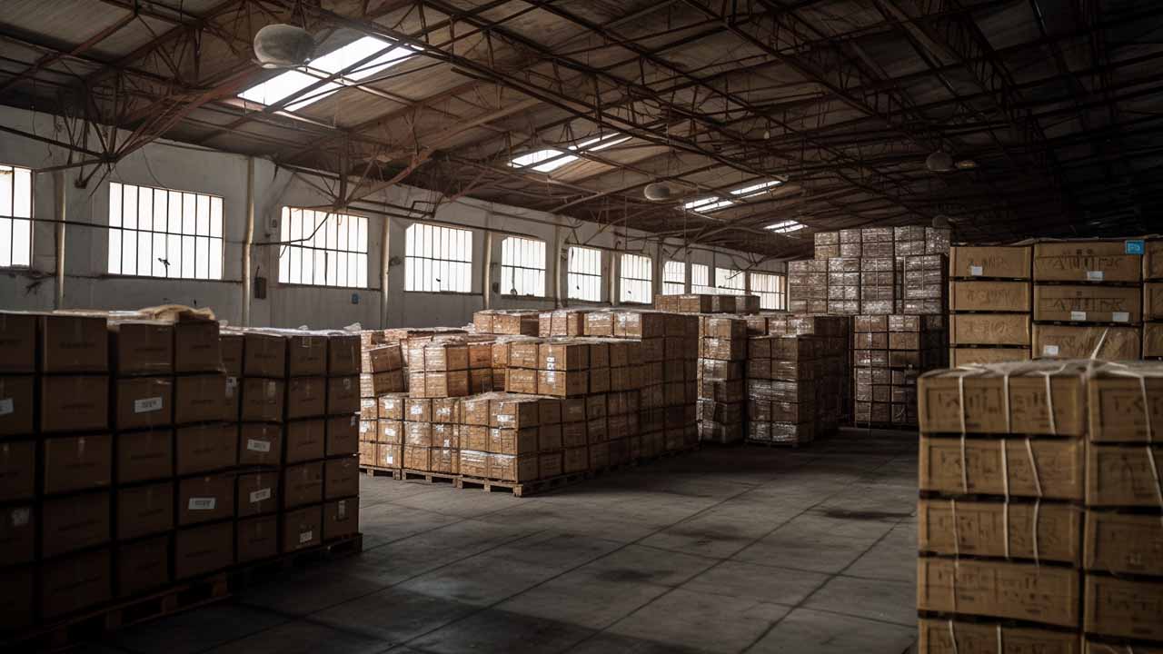 Bonded warehouse interior with stored goods