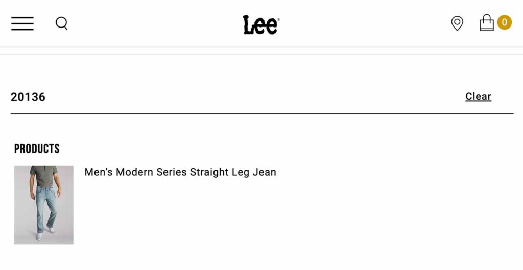 Lee's website search function showing the SKU in use