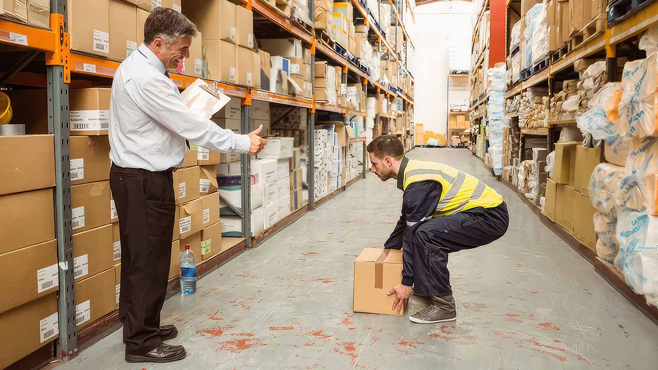 A manager reviewing a worker's box lifting technique for his warehouse safety checklist