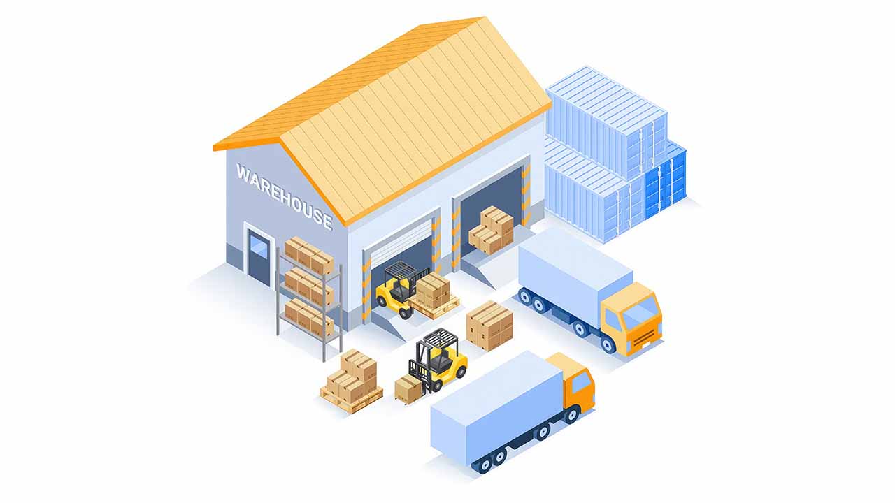 a small warehouse size with some trucks around it