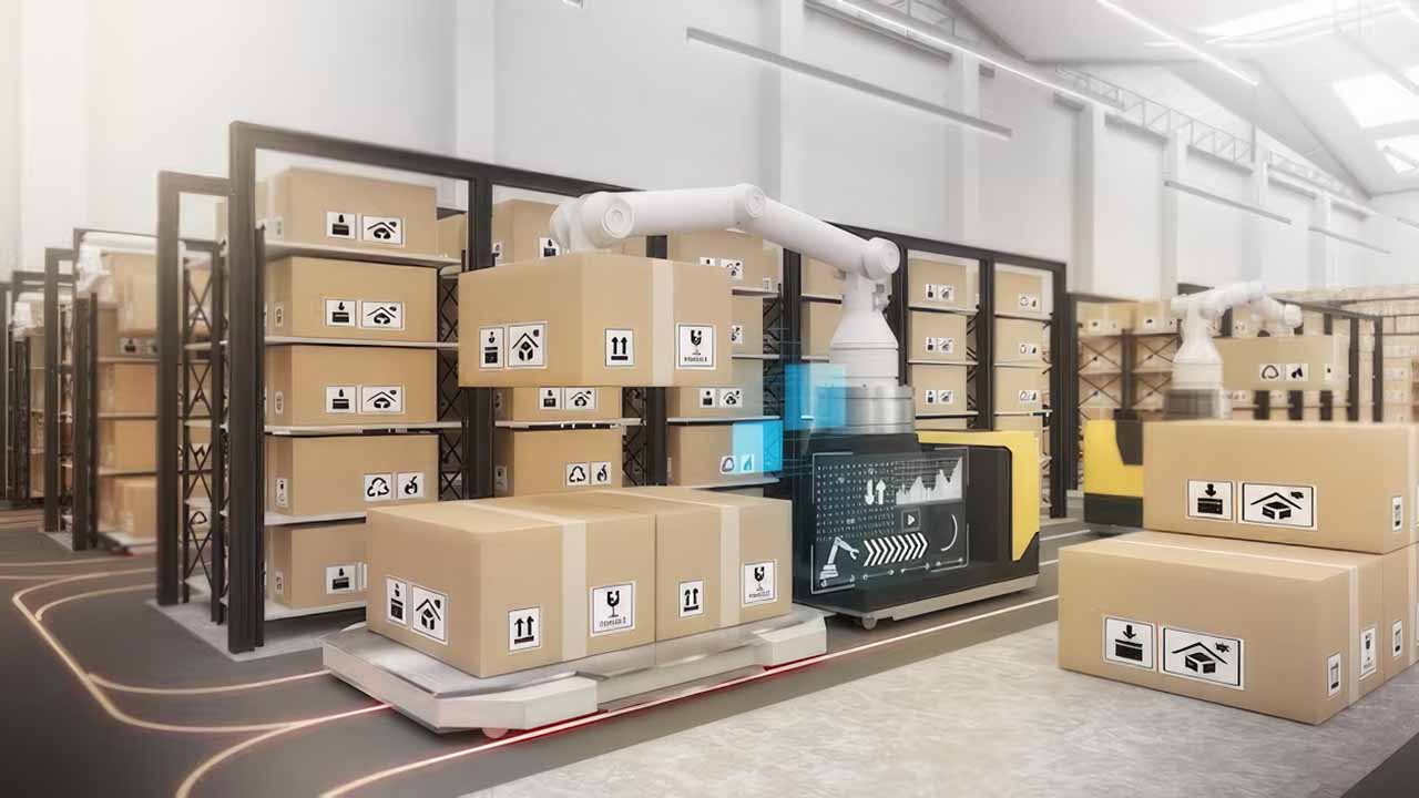 large warehouse with robotic arm