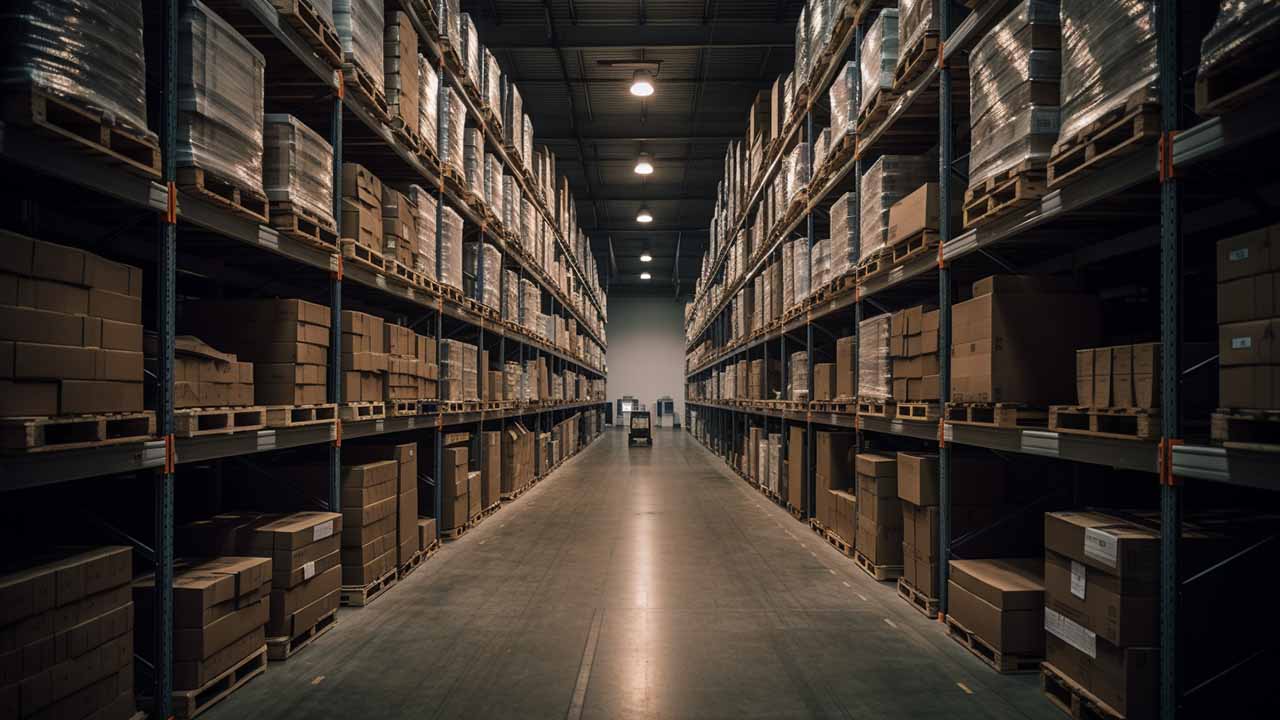 A warehouse with shelves and aisles of products, managed by a warehouse management system, automated picking tools, and other digital technologies