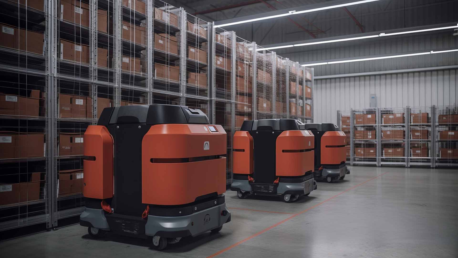 a set of automated warehouse robots on standby in a smart warehouse