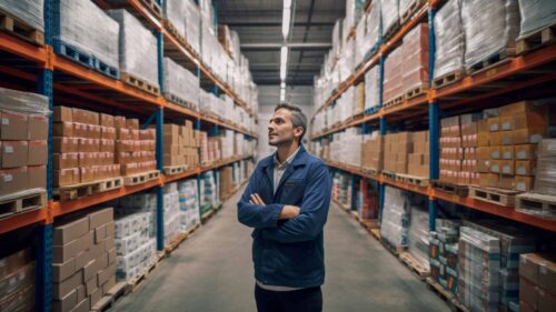 a warehouse worker standing in a retail warehouse rack aisle