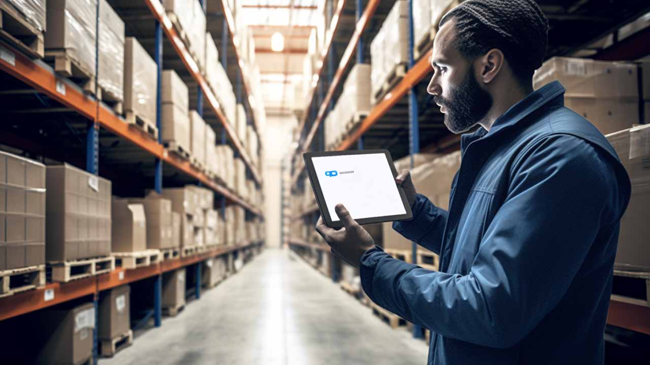 A warehouse with shelves and aisles of products, managed by a warehouse management system, automated inventory control platform, and other digital technologies