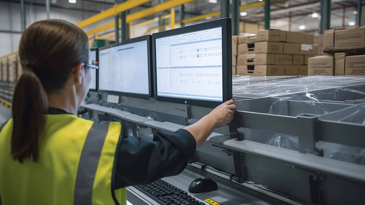 warehouse worker entering data into a management system