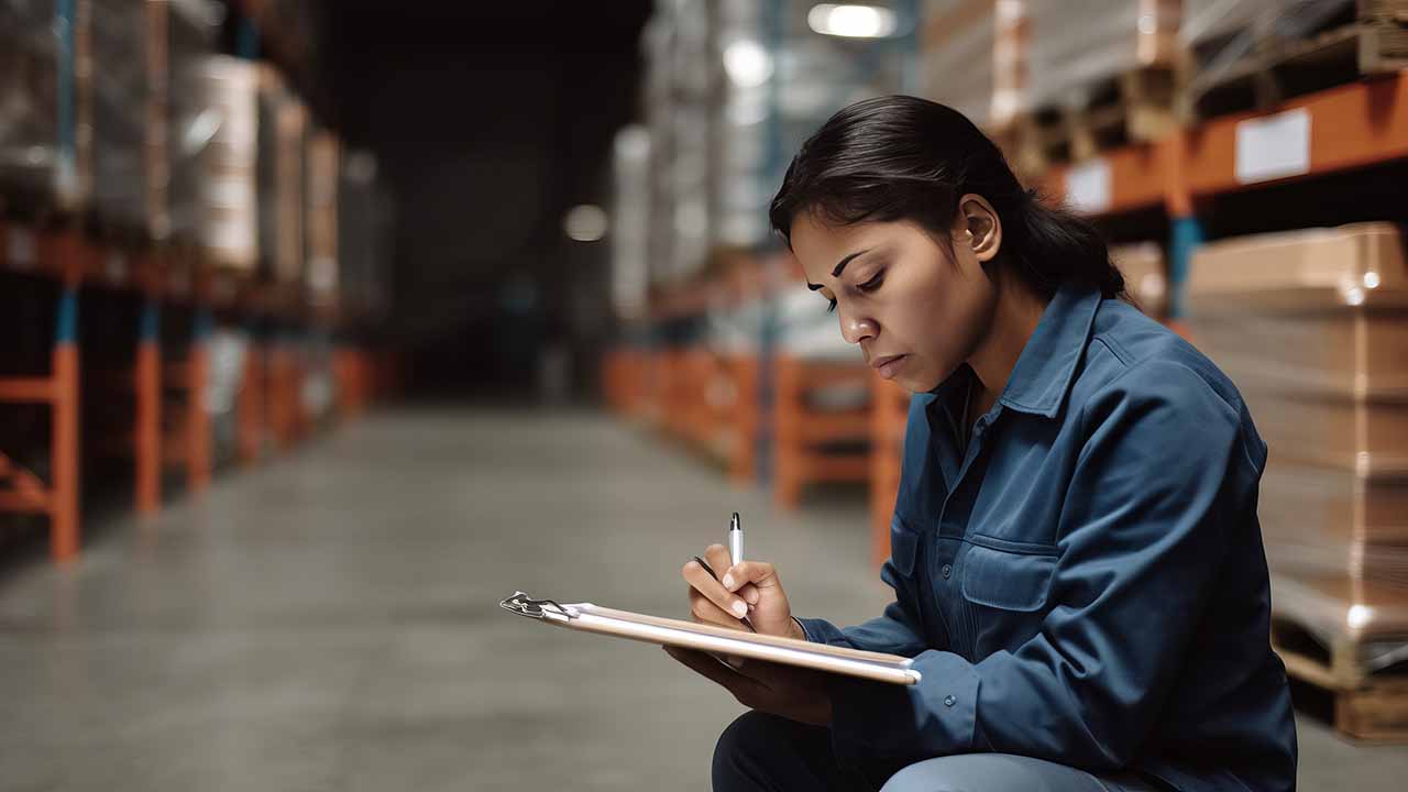 worker taking notes in a warehouse