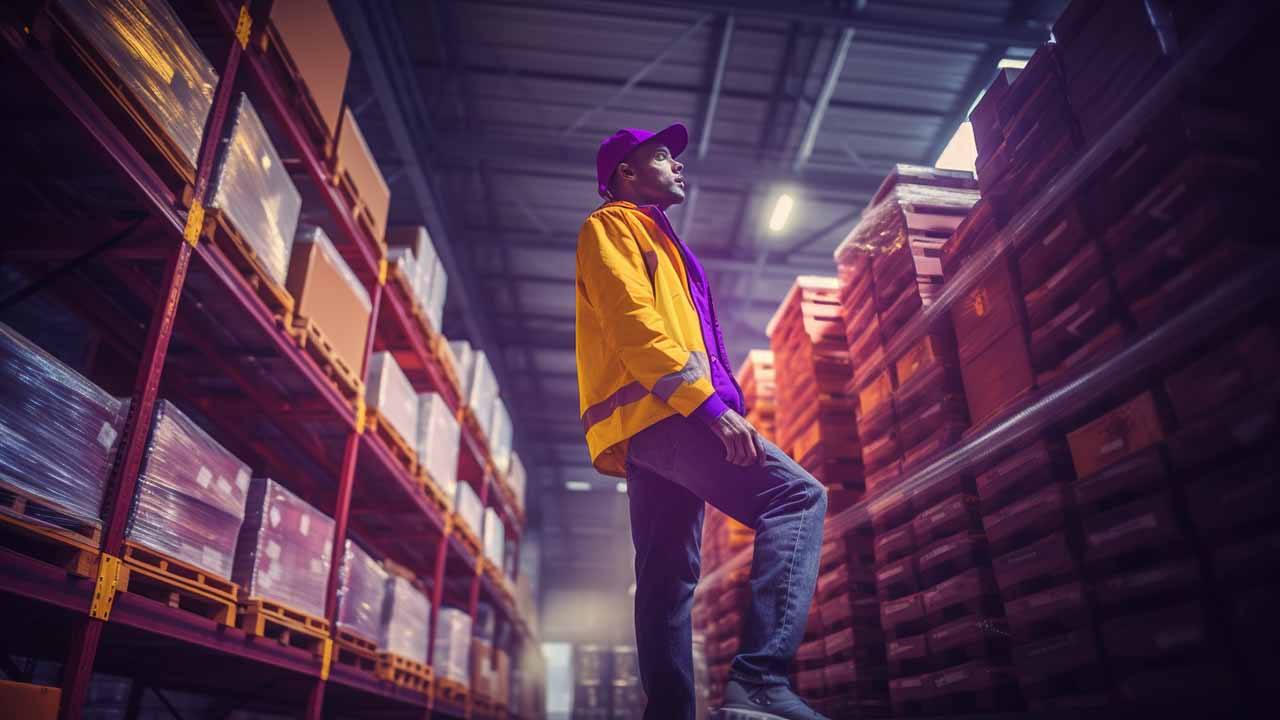 A warehouse with personnel managing inventory