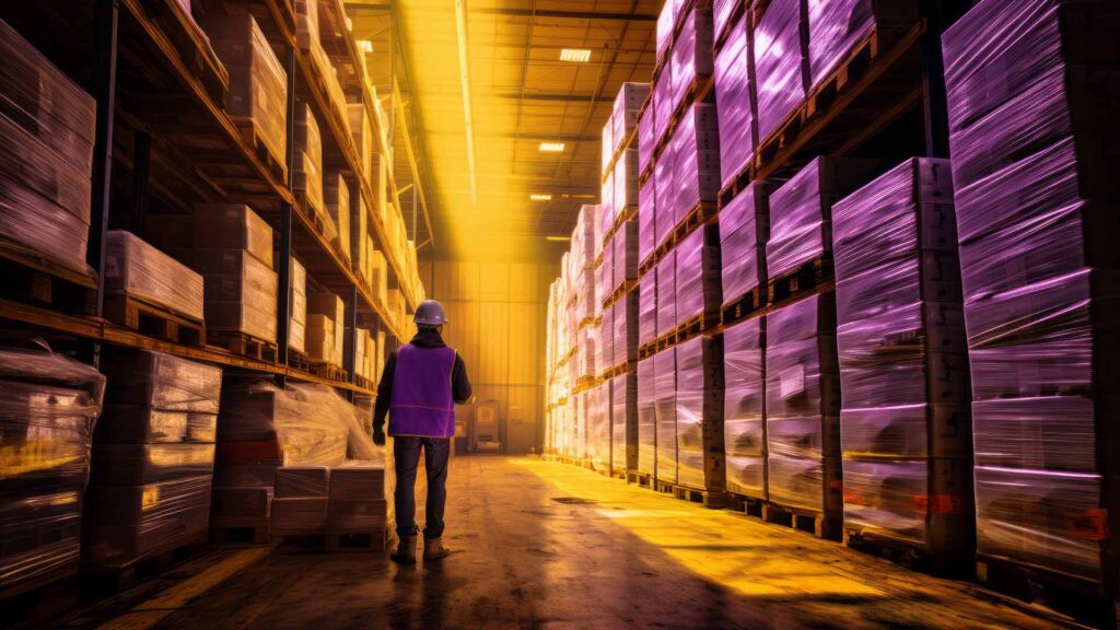 a large warehouse with tall pallets and racks