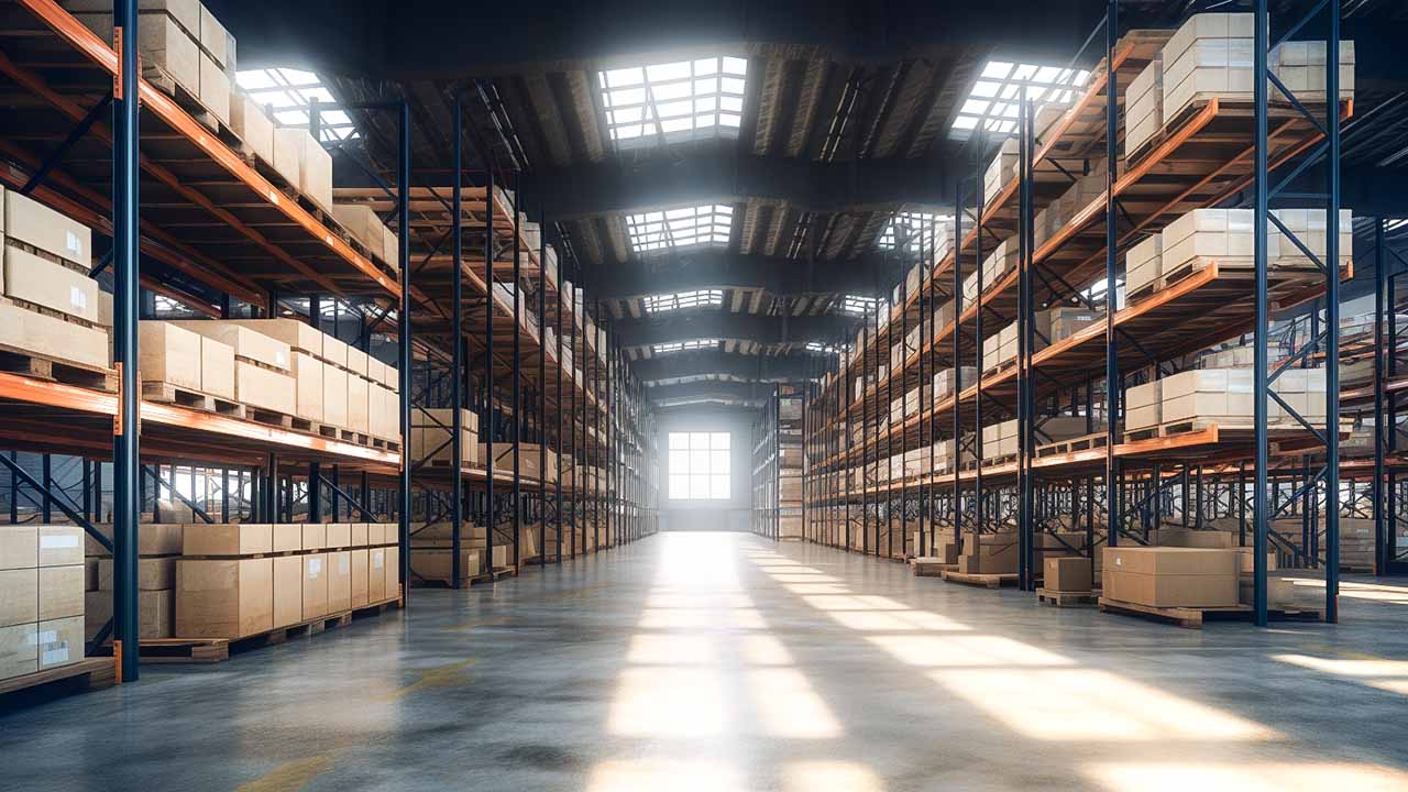 a very wide aisle space in a warehouse