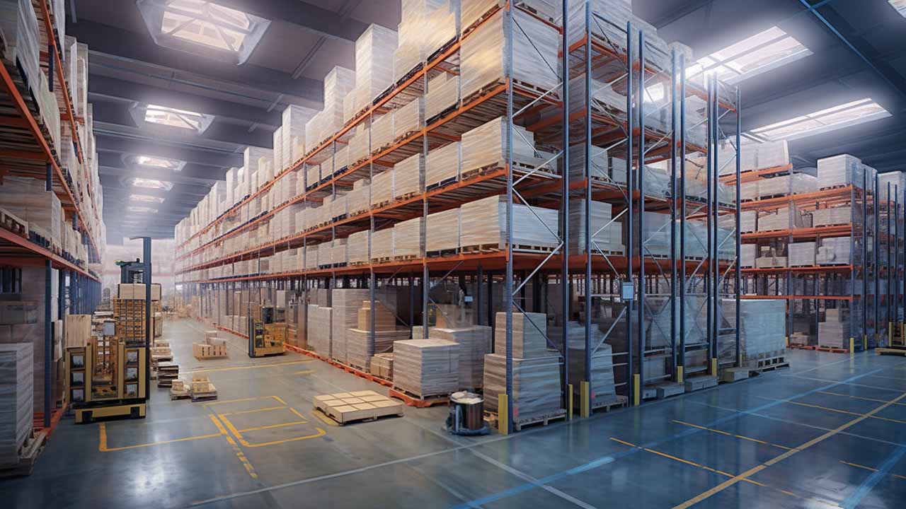 A large warehouse with goods stored in shelves
