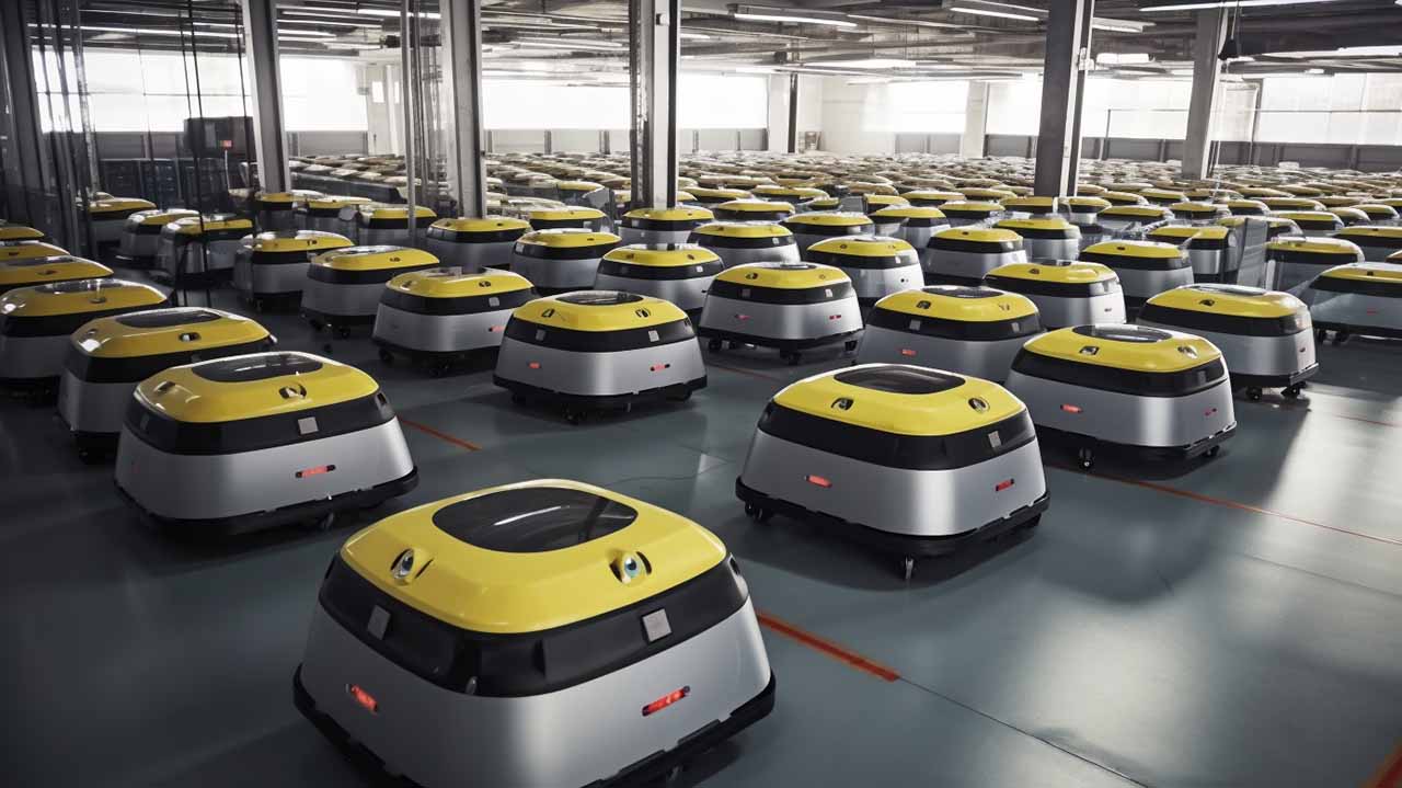 A warehouse with automated systems and robots