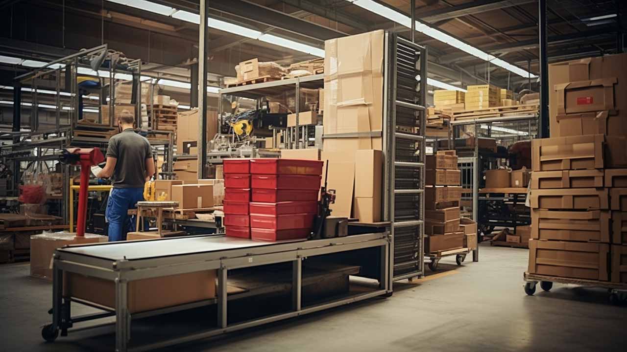 a large warehouse packing station