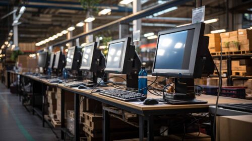 a row of 3 computer desks with 3pl software