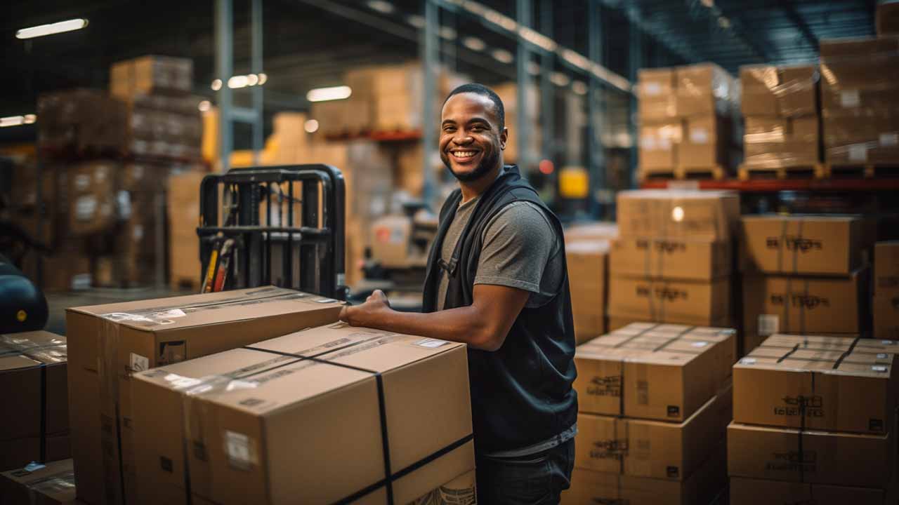 a smiling worker handling materials for a b2b fulfillment order
