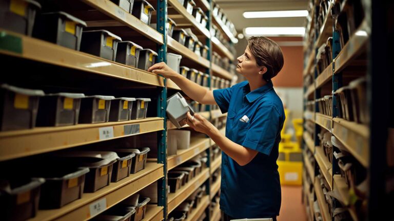 a warehouse employee picking items from bins