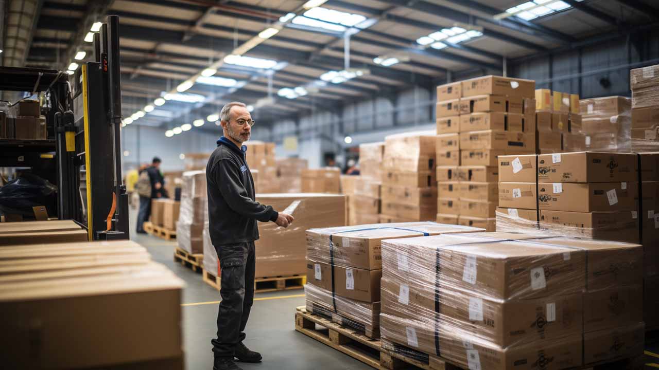 a warehouse worker loading boxes onto a pallet