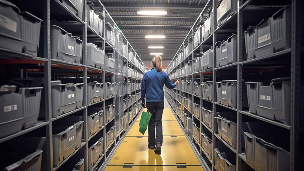 a worker walks through an aisle of storage bins in a warehouse