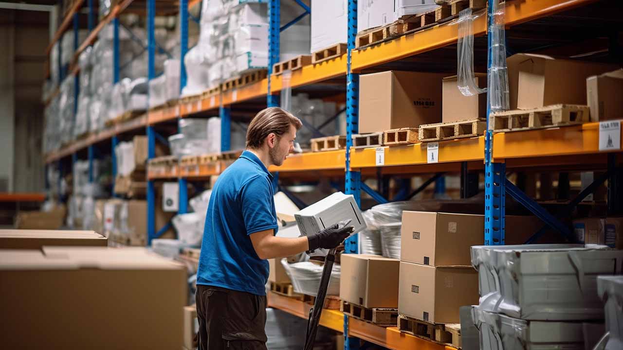 employee picking items from warehouse rack