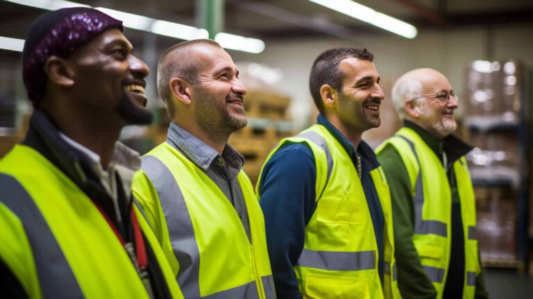 multiple warehouse employees standing at a morning meeting