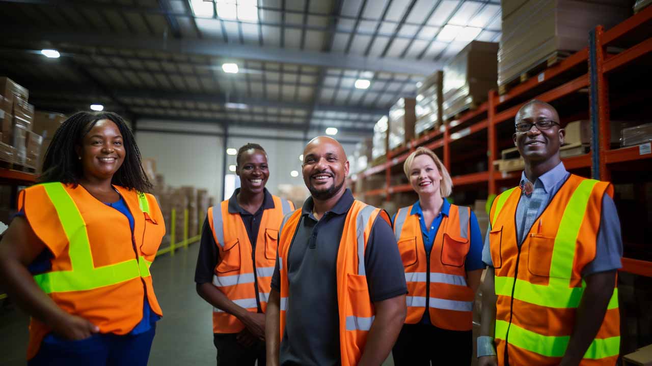 smiling faces of warehouse workers