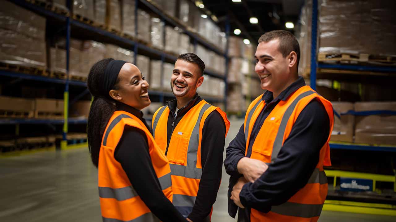 three warehouse workers meeting about inventory