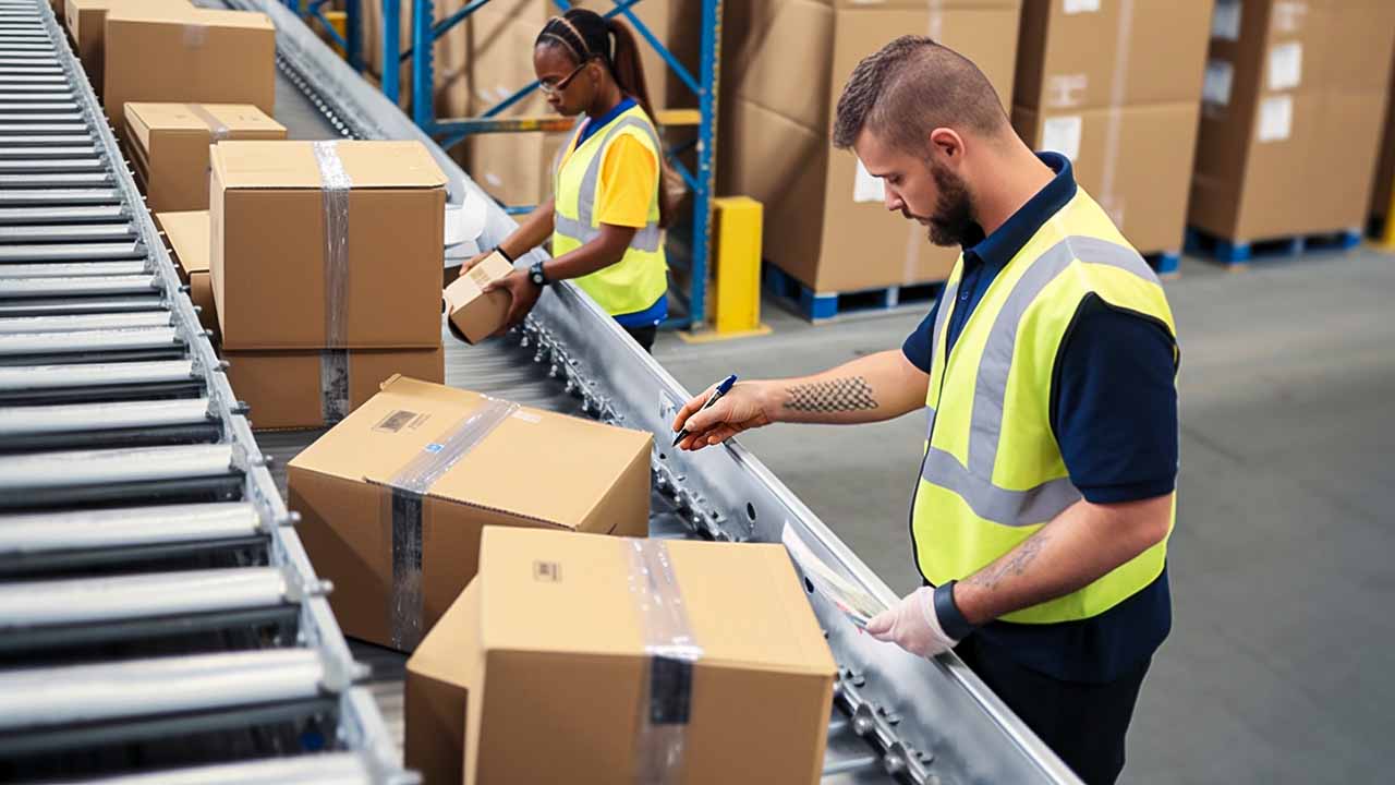 two warehouse employees inspecting and picking items