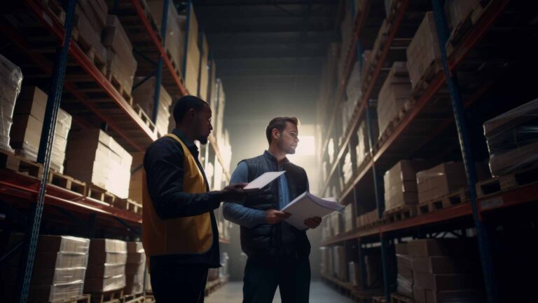 two warehouse workers counting inventory