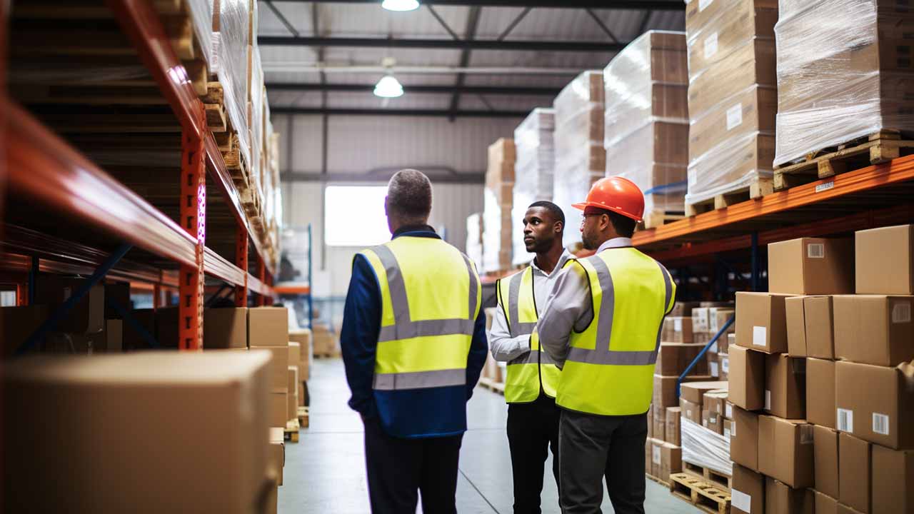 warehouse employees in an aisle