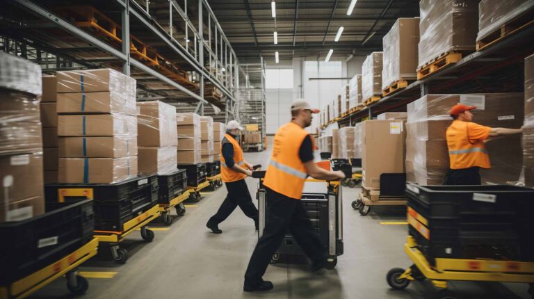 warehouse workers pushing carts with boxes on them