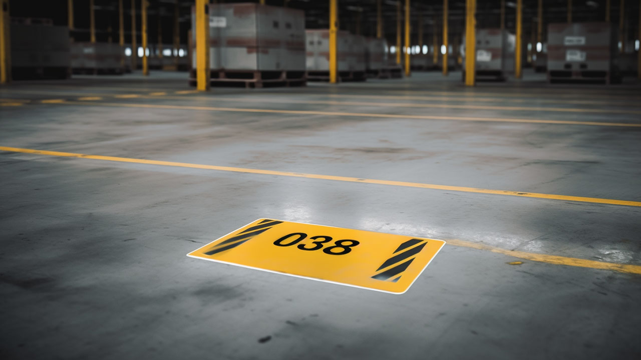 a large label on the floor of a warehouse
