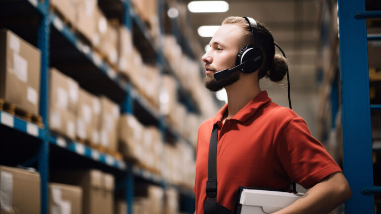a warehouse employee doing voice picking