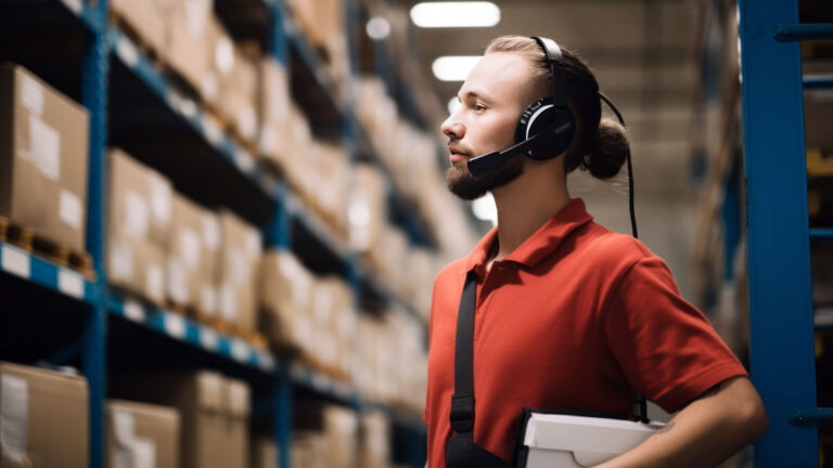 a warehouse employee doing voice picking