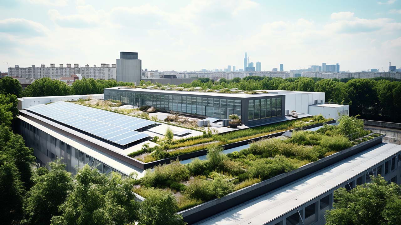 a warehouse with a garden roof