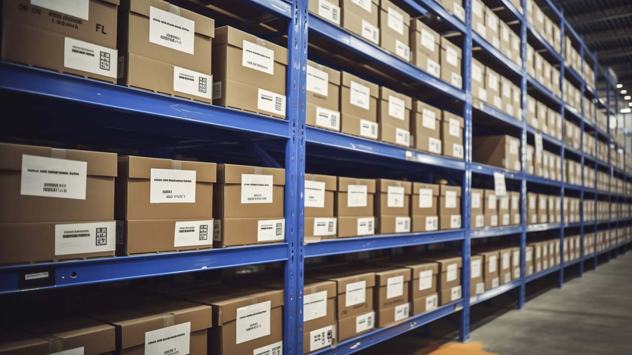 small barcode labels on boxes in a warehouse