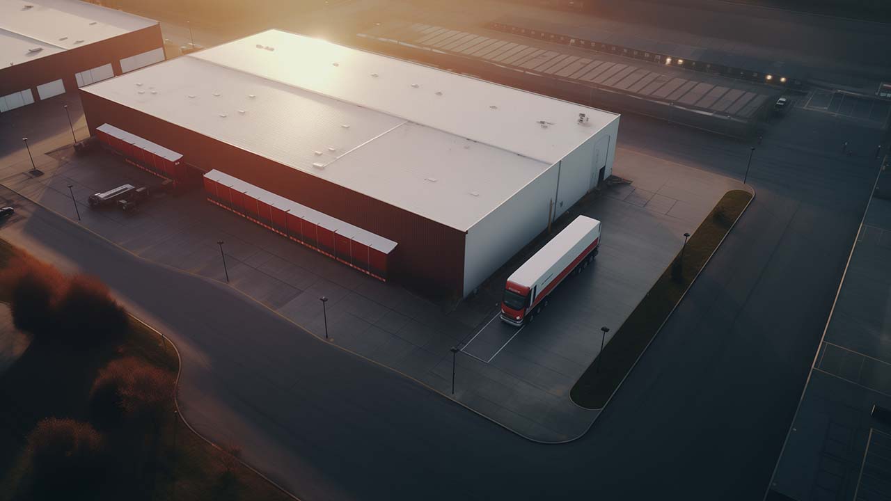 a CGI of the outside of a warehouse