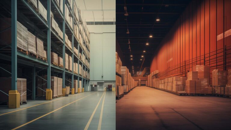 a split image showing two scaled up ecommerce warehouses