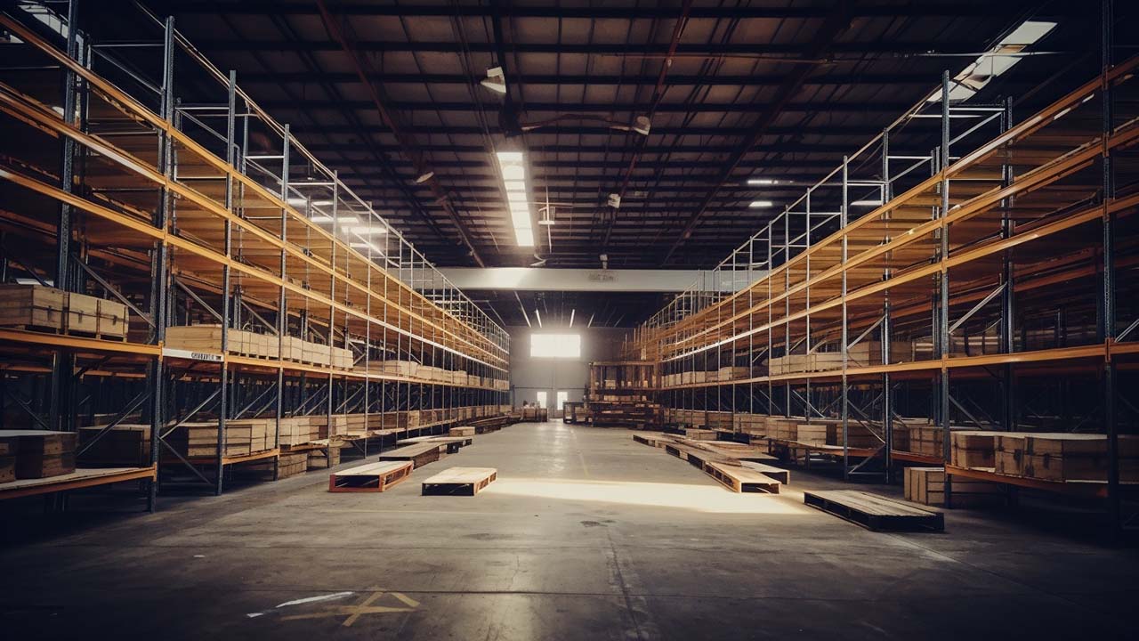 a warehouse with nearly empty rack shelves