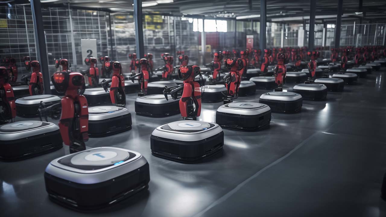 small box moving warehouse robots charging