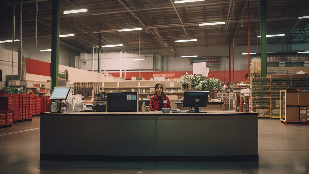 a customer service desk counter in a large wholesale warehouse