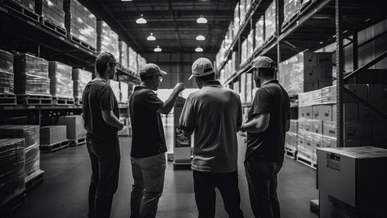 a group of workers doing warehouse quality control