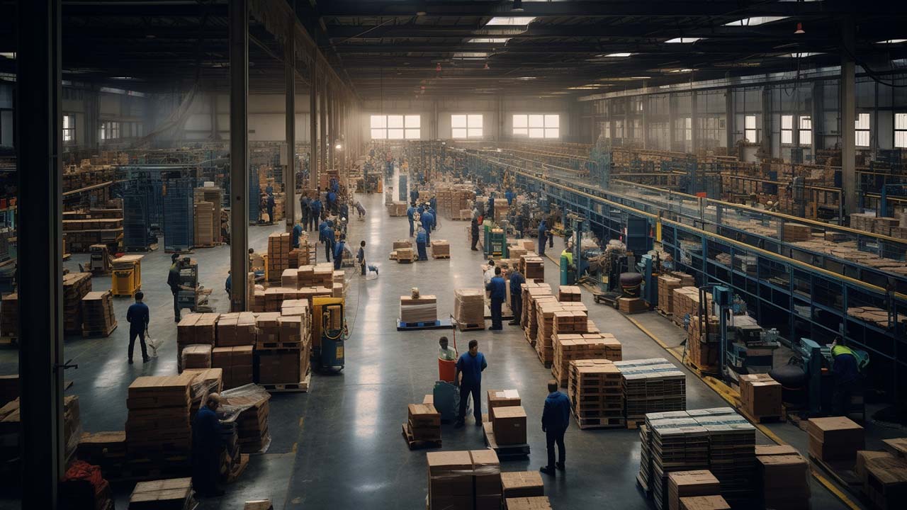 a large warehouse with employees