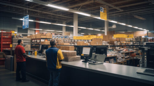 a returns desk in a large wholesale warehouse