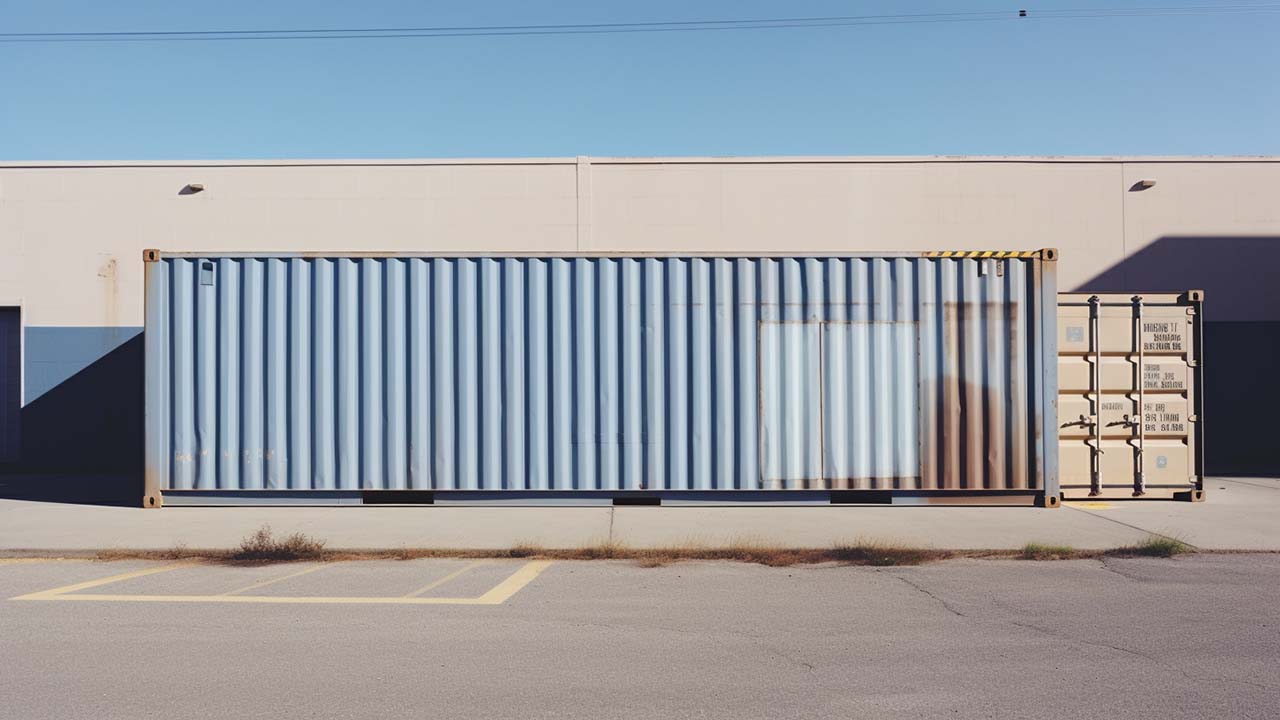 a shipping container parked outside of a warehouse