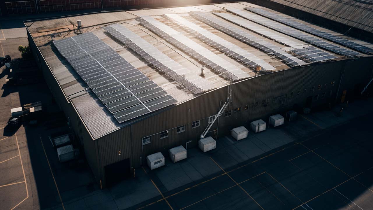 a warehouse building with large solar panels