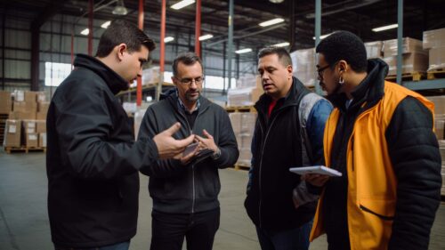 a warehouse manager meeting with his staff