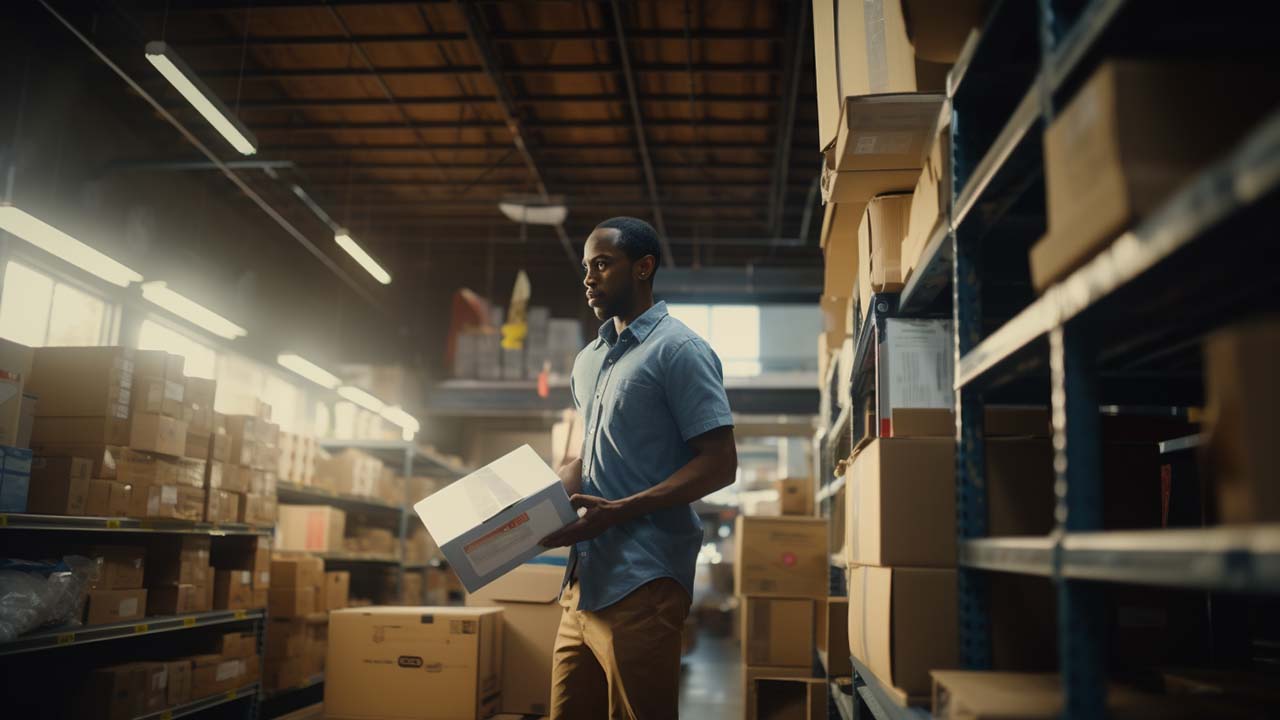 a warehouse worker moving a box from reverse logistics chain