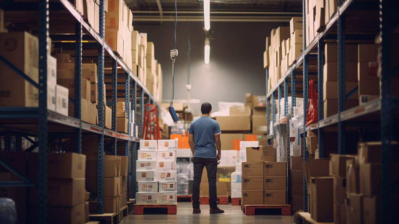 a warehouse worker standing in an aisle filled with goods